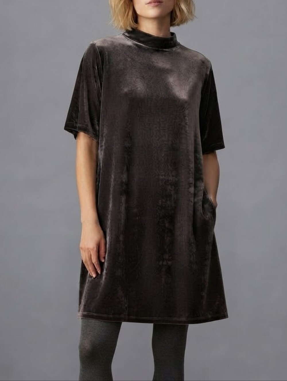 Eileen Fisher Velvet Dress Tinic Sz XL High Neck Mock Silk Rayon Blend Comfy